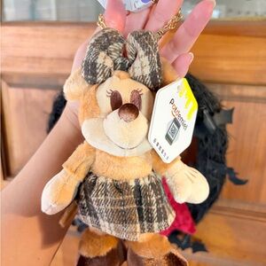 Plush Minnie Mouse Brown Plaid Dress with Bow Charm Keychain